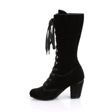 Load image into Gallery viewer, outer side view of outer side view of black velvet 3&quot; block heel Round toe lace-up Mid-calf boot with full side zip
