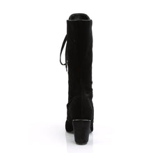 Load image into Gallery viewer, back side view of outer side view of black velvet 3&quot; block heel Round toe lace-up Mid-calf boot with full side zip
