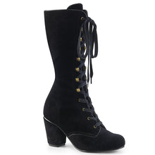 Load image into Gallery viewer, outer side view of black velvet 3&quot; block heel Round toe lace-up Mid-calf boot with full side zip
