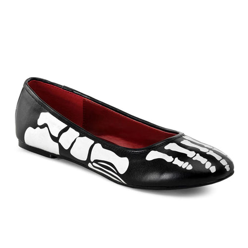 right side view of Black ballet flat with xay skeleton print on upper and sides