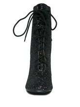 Load image into Gallery viewer, front view of Black glitter lace up front bootie boot.
